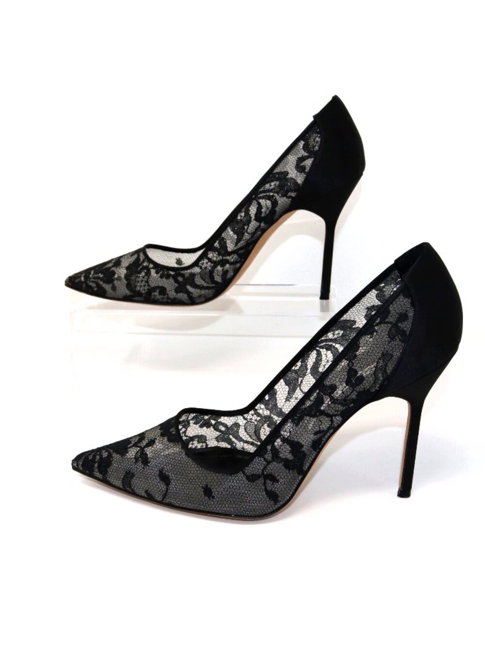 SOLD——- Manolo Blahnik 38 BB 105 Black Floral Lace Satin Stiletto Point Toe Pump - Picture 9 of 15
